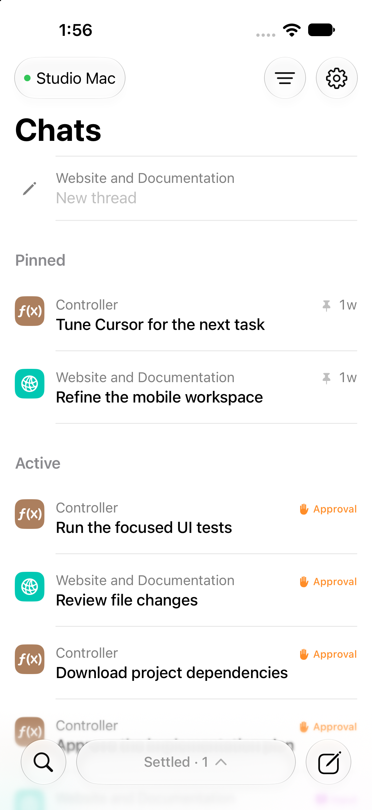 ControllerMobile on iPhone, showing project conversations and agents connected to a Mac.