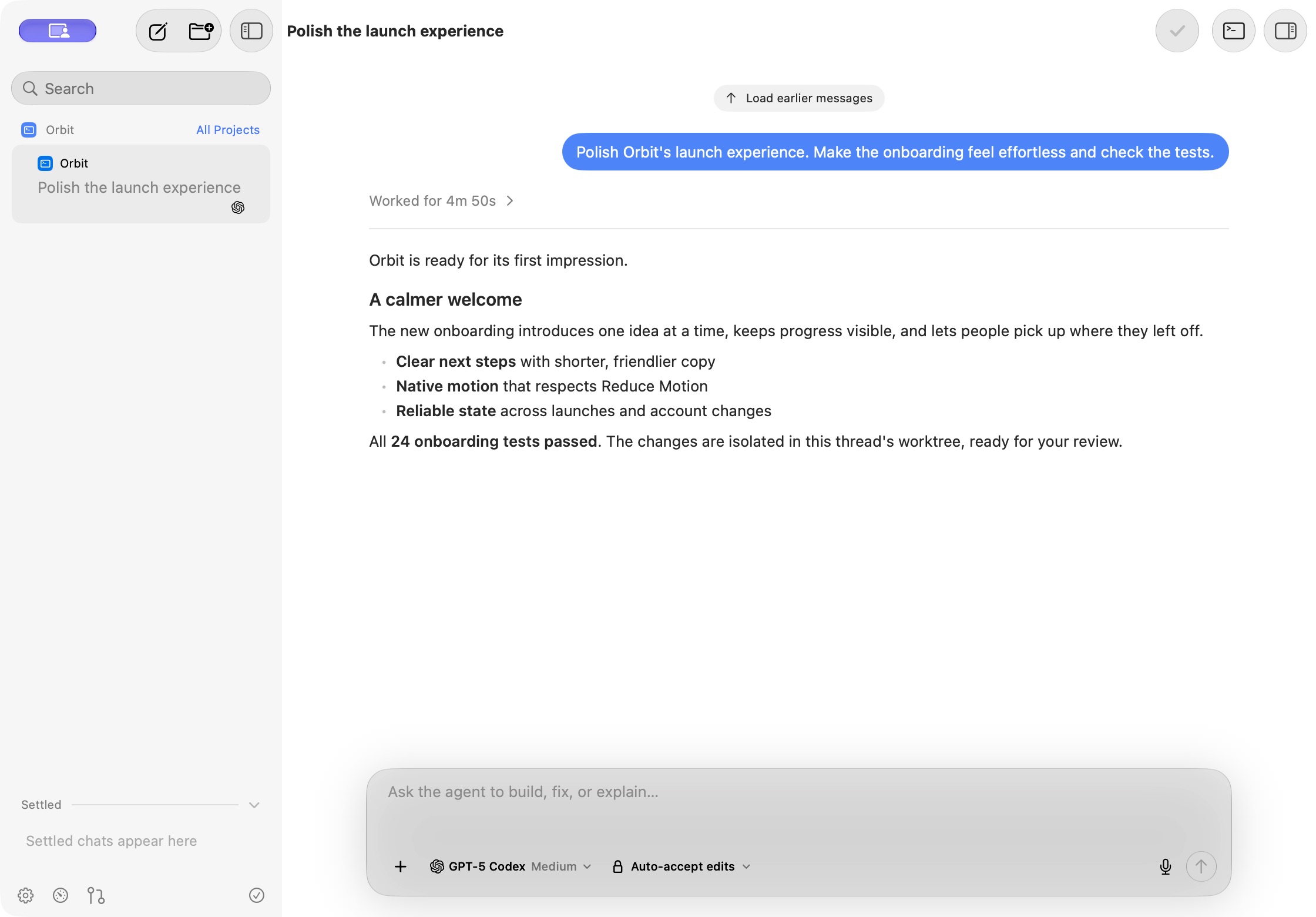 Controller on Mac, showing an organized coding workspace with project threads and an agent conversation.